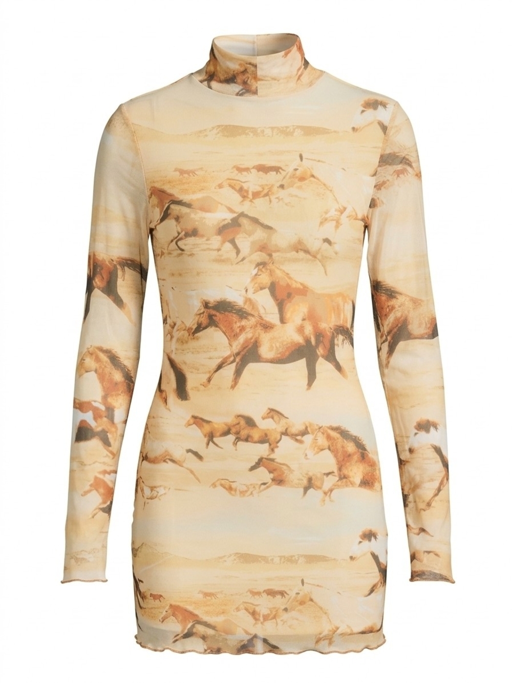 Urban Outfitters Beige Horse-Print Long Sleeve Mock Neck Top